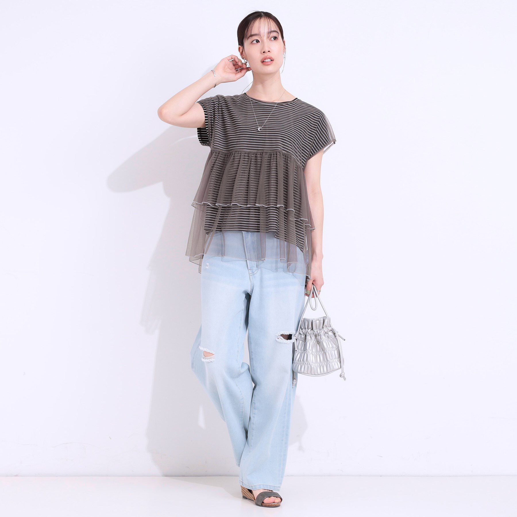 SHOO･LA･RUE「【S-LL/2点セット】程よい甘さをプラス Tシャツ＋チュールトップス」|Tシャツ・カットソー|