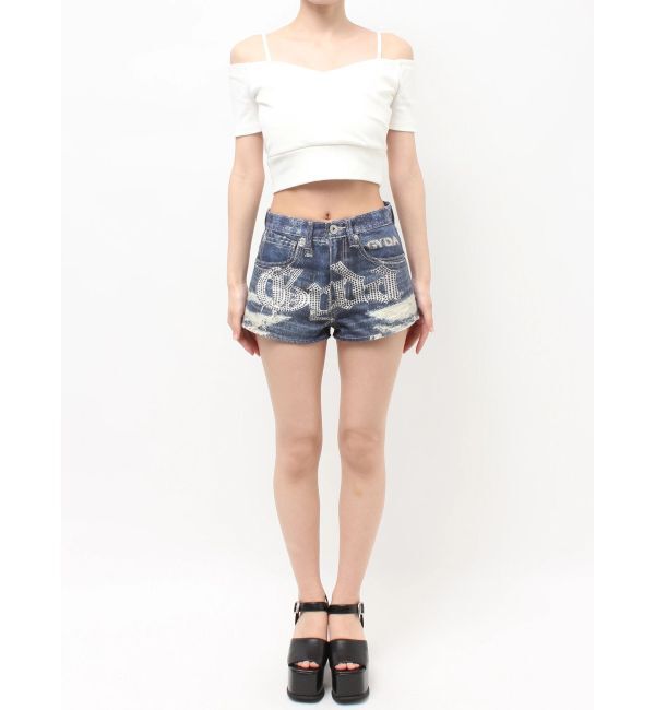 GYDA「ジャストウエストGYDA bijou sublimation printingデニムショートパンツ」|デニム|