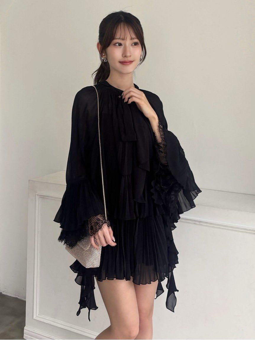 SNIDEL「レーストリムシフォンセットアップ」|ワンピース|BLK