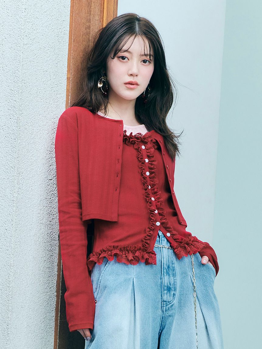 SNIDEL「アイレットカットカーディガン」|カーディガン|RED