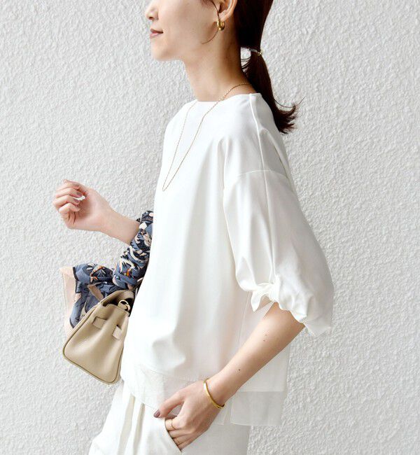 SHIPS for women「《一部追加予約》〈洗濯機可能〉袖 ツイスト デザイン シアー ドッキング TEE」|Tシャツ・カットソー|