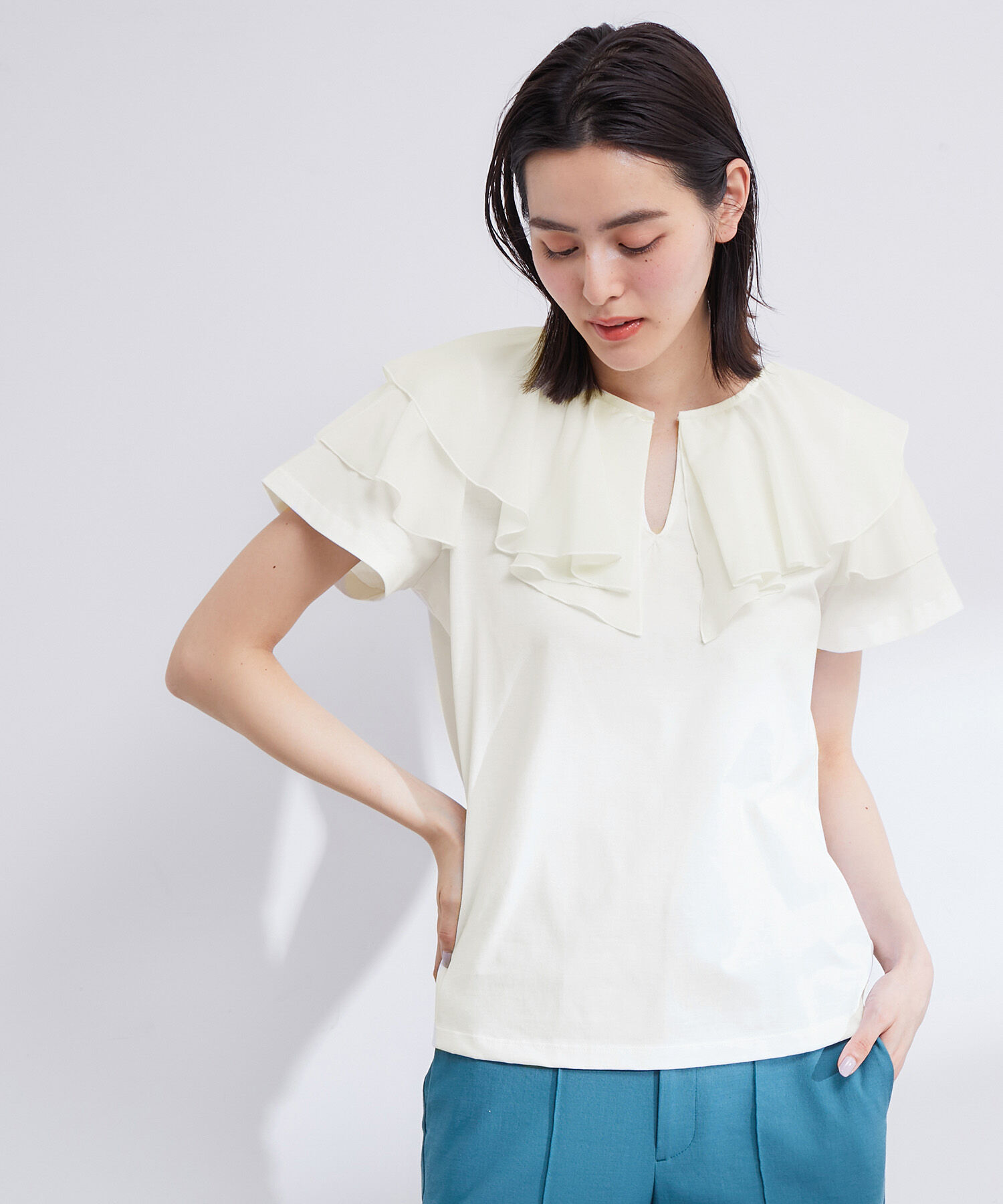ROPE「【洗える】布帛ラッフル襟カットソー」|Tシャツ・カットソー|ホワイト(10)