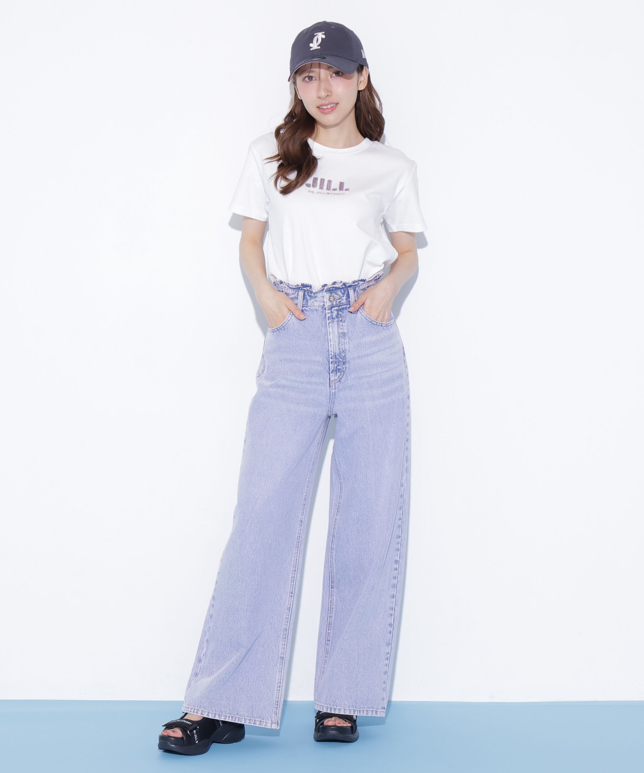  「ウエストフリルワイドデニムパンツ」|その他|ピンク