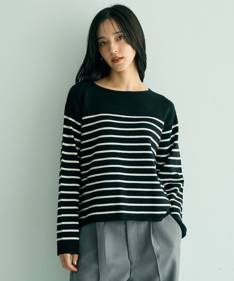 YECCA VECCA「ボーダーボートネックニット」|ニット・セーター|Black