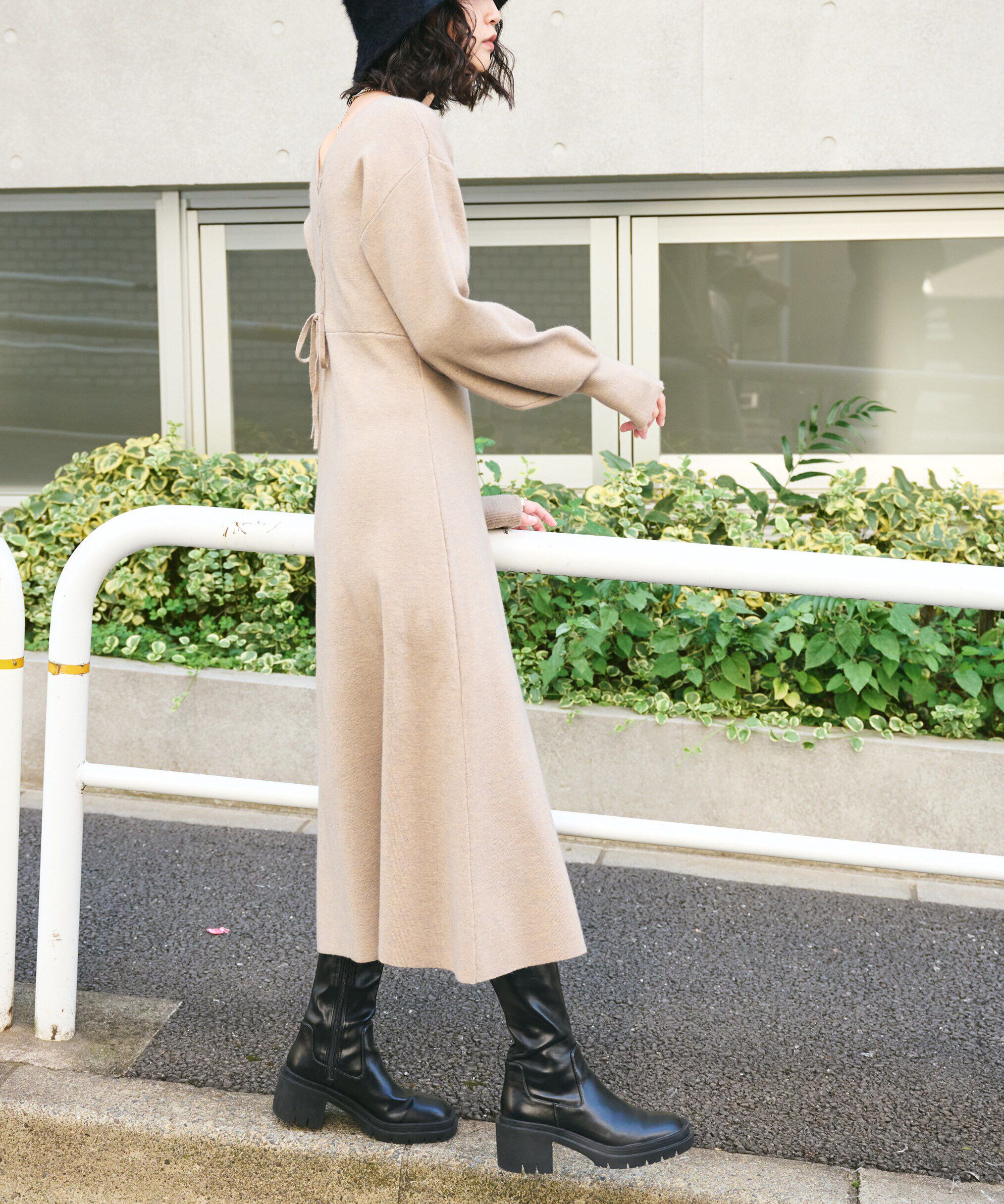  「バックレースアップロングニットワンピース」|ワンピース|
