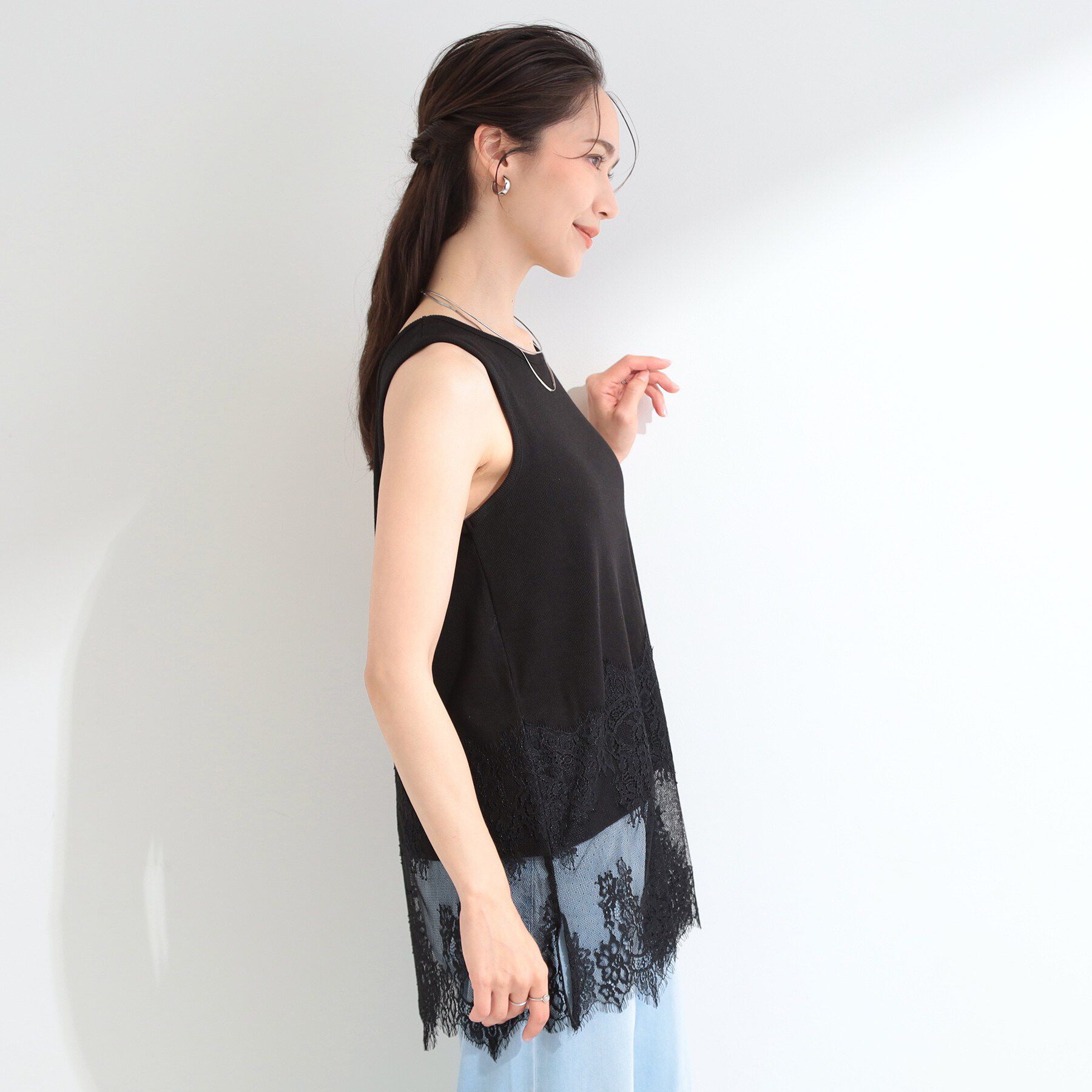 SHOO･LA･RUE「【前後2WAY/洗濯機可/S-LL】レイヤードの幅が広がる！裾レースタンクトップ」|キャミソール|