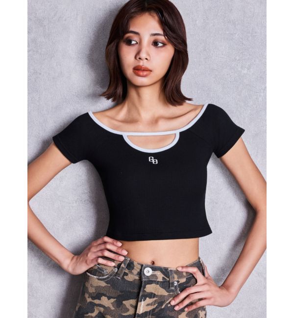 GYDA「フロントOPENテレコショートトップス」|Tシャツ・カットソー|ブラック