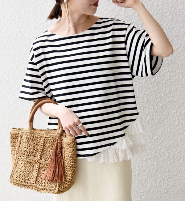 SHIPS any「《追加予約》SHIPS any:〈洗濯機可能〉レース ヘム アシンメトリー ショートスリーブ TEE」|Tシャツ・カットソー|
