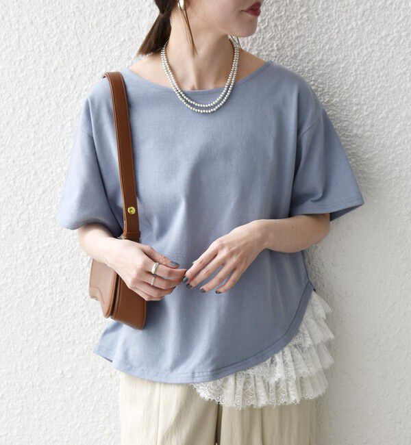 SHIPS any「《追加予約》SHIPS any:〈洗濯機可能〉レース ヘム アシンメトリー ショートスリーブ TEE」|Tシャツ・カットソー|