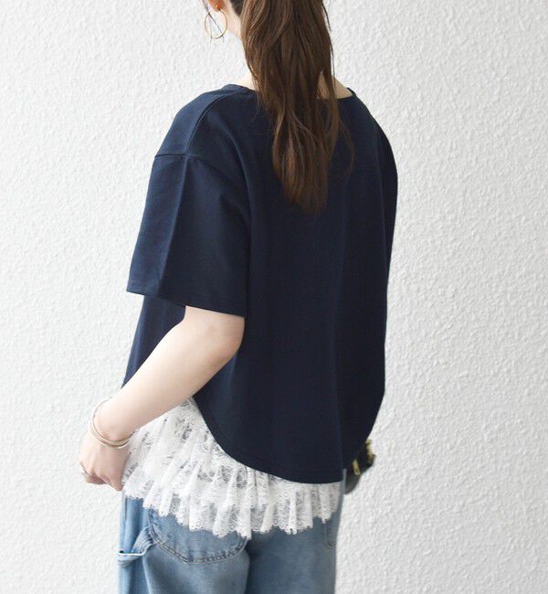 SHIPS any「《追加予約》SHIPS any:〈洗濯機可能〉レース ヘム アシンメトリー ショートスリーブ TEE」|Tシャツ・カットソー|