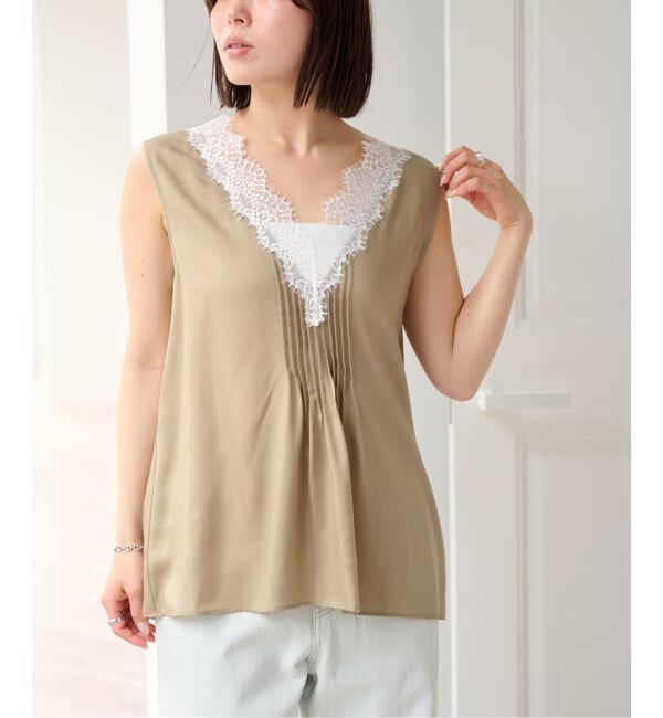U by SPICK&SPAN「《接触冷感》ピンタックレースブラウス」|シャツ・ブラウス|ベージュ