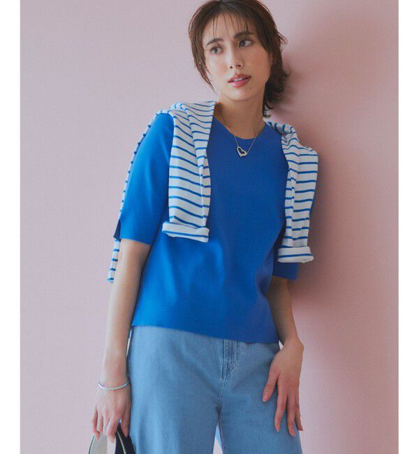 23区「【洗える】コンフォートストレッチ 5分袖 ニット」|ニット・セーター|ブルー系