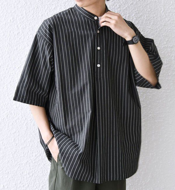 SHIPS any「SHIPS any:〈洗濯機可能〉コットン/リネン ストライプ バンド スキッパー ハーフスリーブ シャツ 26SS◇」|シャツ・ブラウス|ダークネイビー