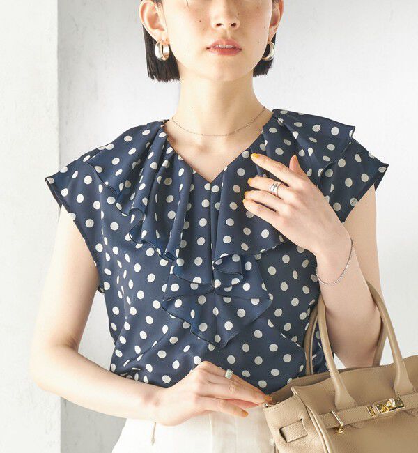 SHIPS for women「〈手洗い可能〉ドット フリル Vネック フレンチスリーブ ブラウス」|シャツ・ブラウス|ネイビー
