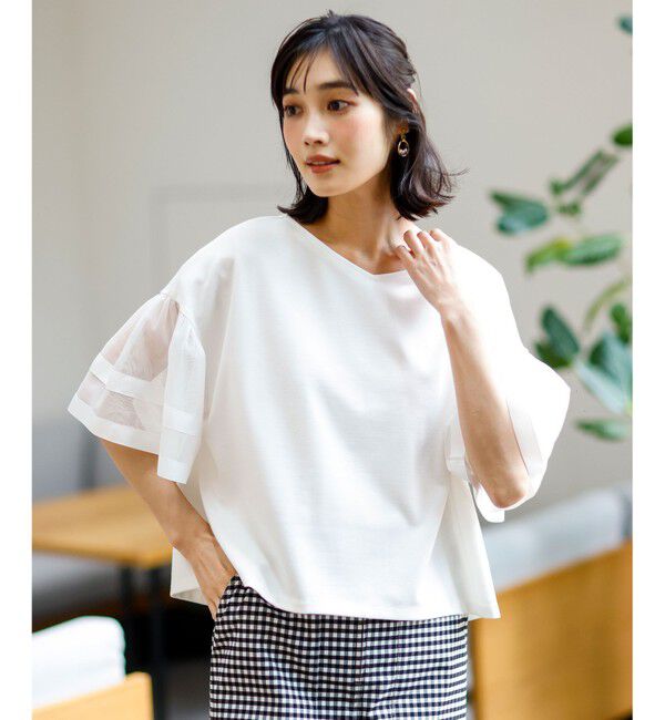 ANY SIS「ゆるVネックチュールフリル袖 プルオーバー」|Tシャツ・カットソー|