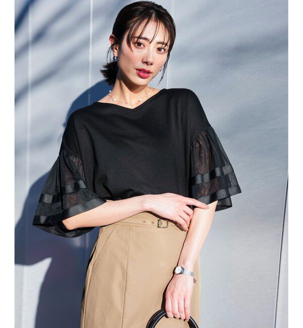 ANY SIS「ゆるVネックチュールフリル袖 プルオーバー」|Tシャツ・カットソー|ブラック