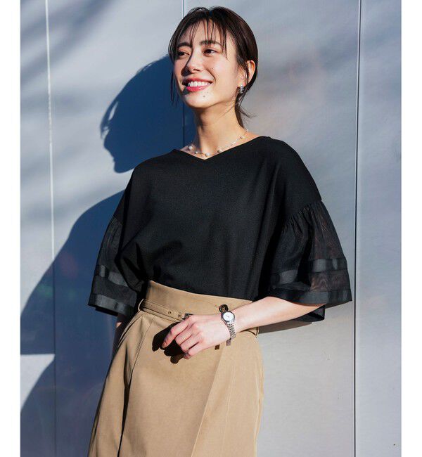 ANY SIS「ゆるVネックチュールフリル袖 プルオーバー」|Tシャツ・カットソー|