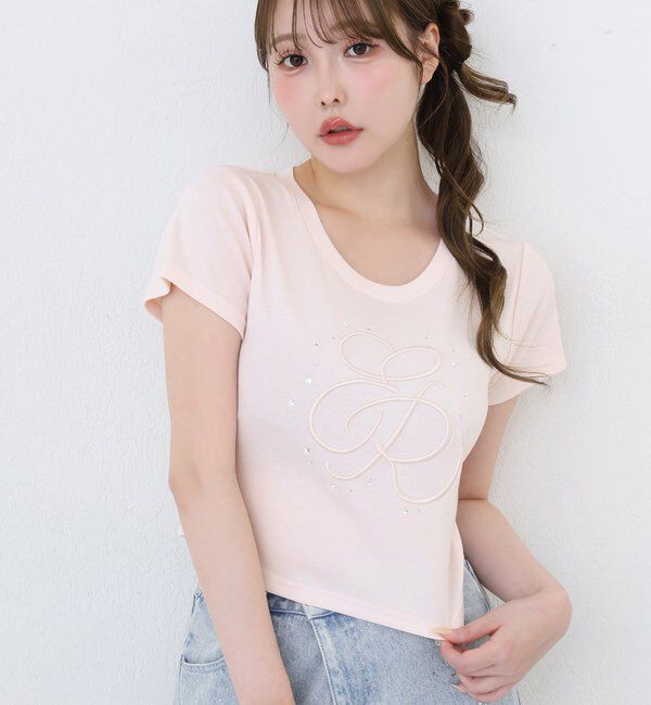  「ビジュー付きロゴ刺繍Tee」|プルオーバー|