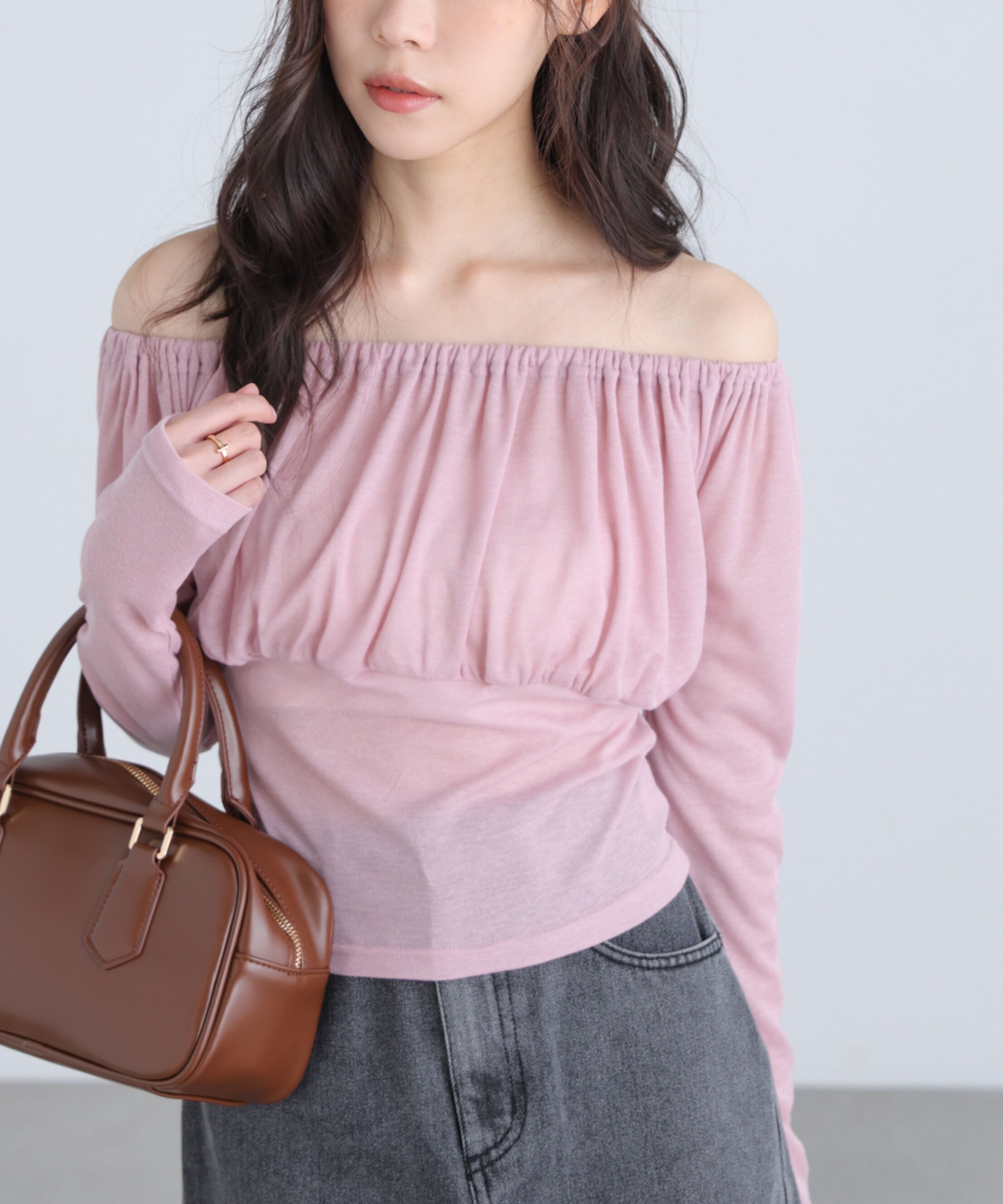  「オフショルシアーギャザーカットソー」|Tシャツ・カットソー|ピンク