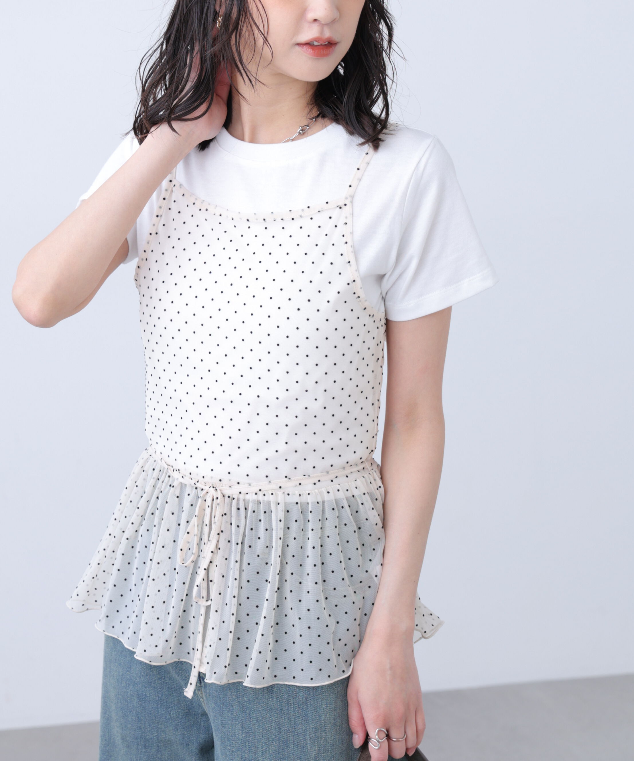  「2WAYシアードットホルターキャミ&times;半袖カットソーセット」|Tシャツ・カットソー|