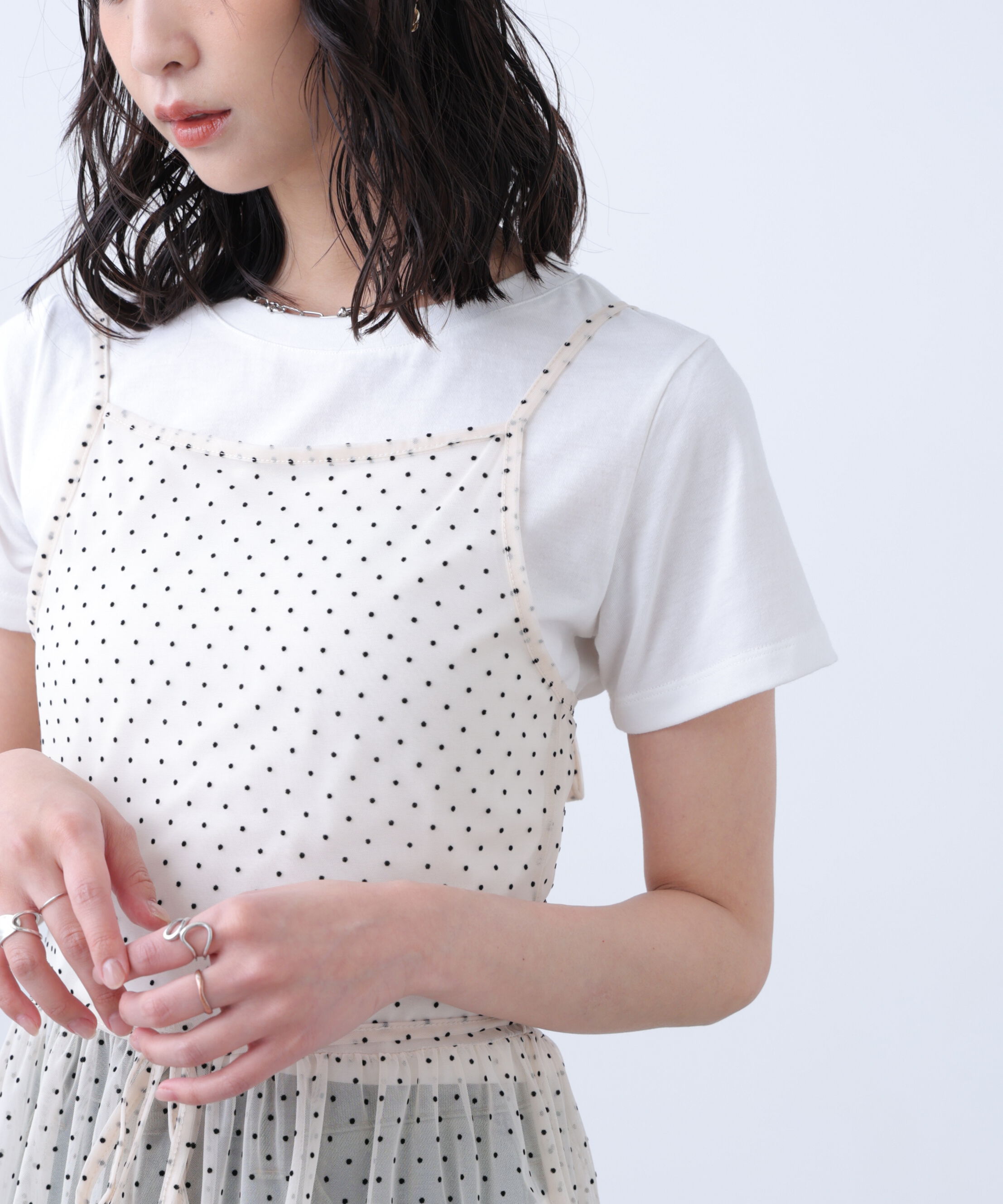  「2WAYシアードットホルターキャミ&times;半袖カットソーセット」|Tシャツ・カットソー|