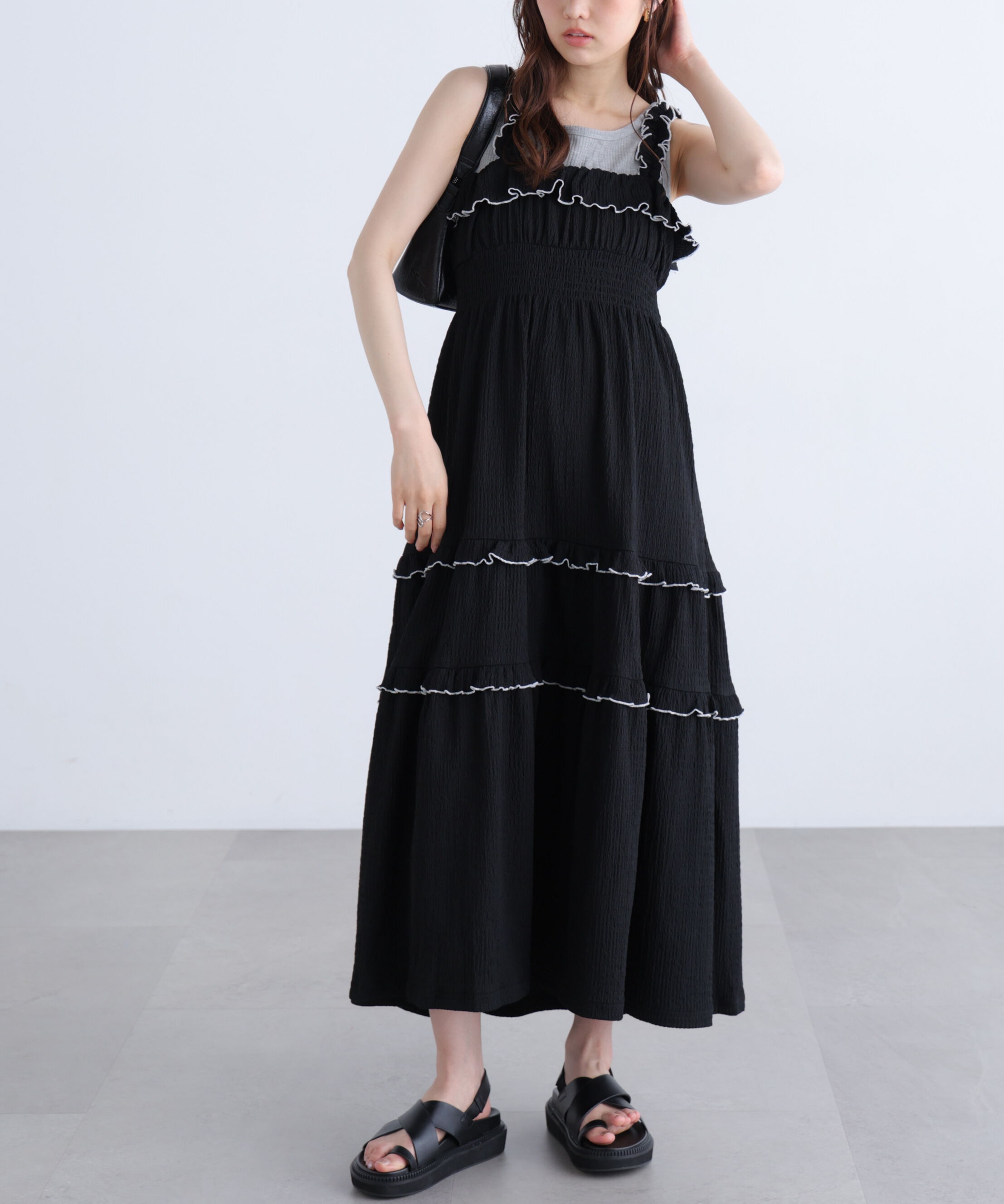  「配色メローフリルカットジャガードワンピース」|ワンピース|