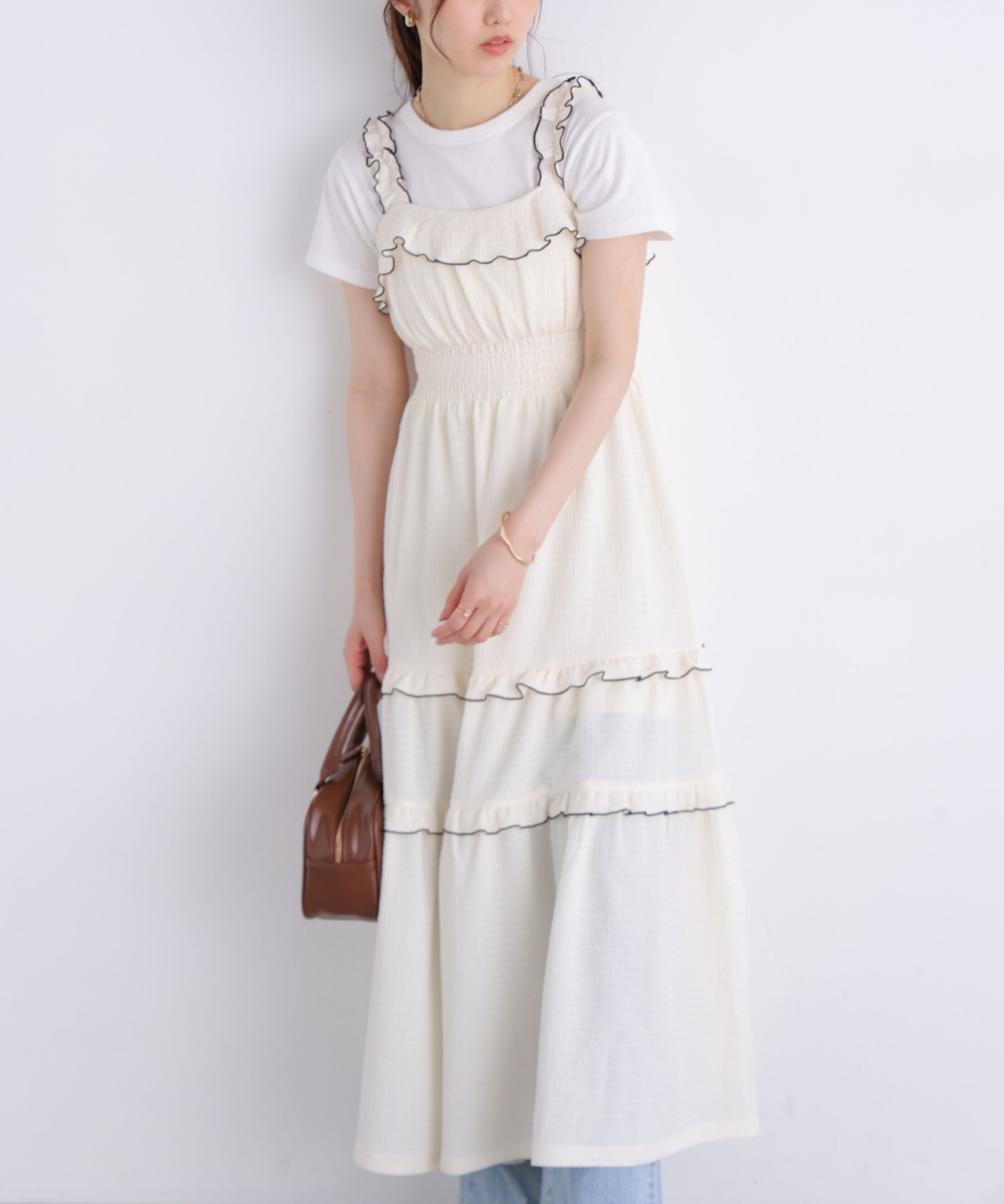  「配色メローフリルカットジャガードワンピース」|ワンピース|オフ