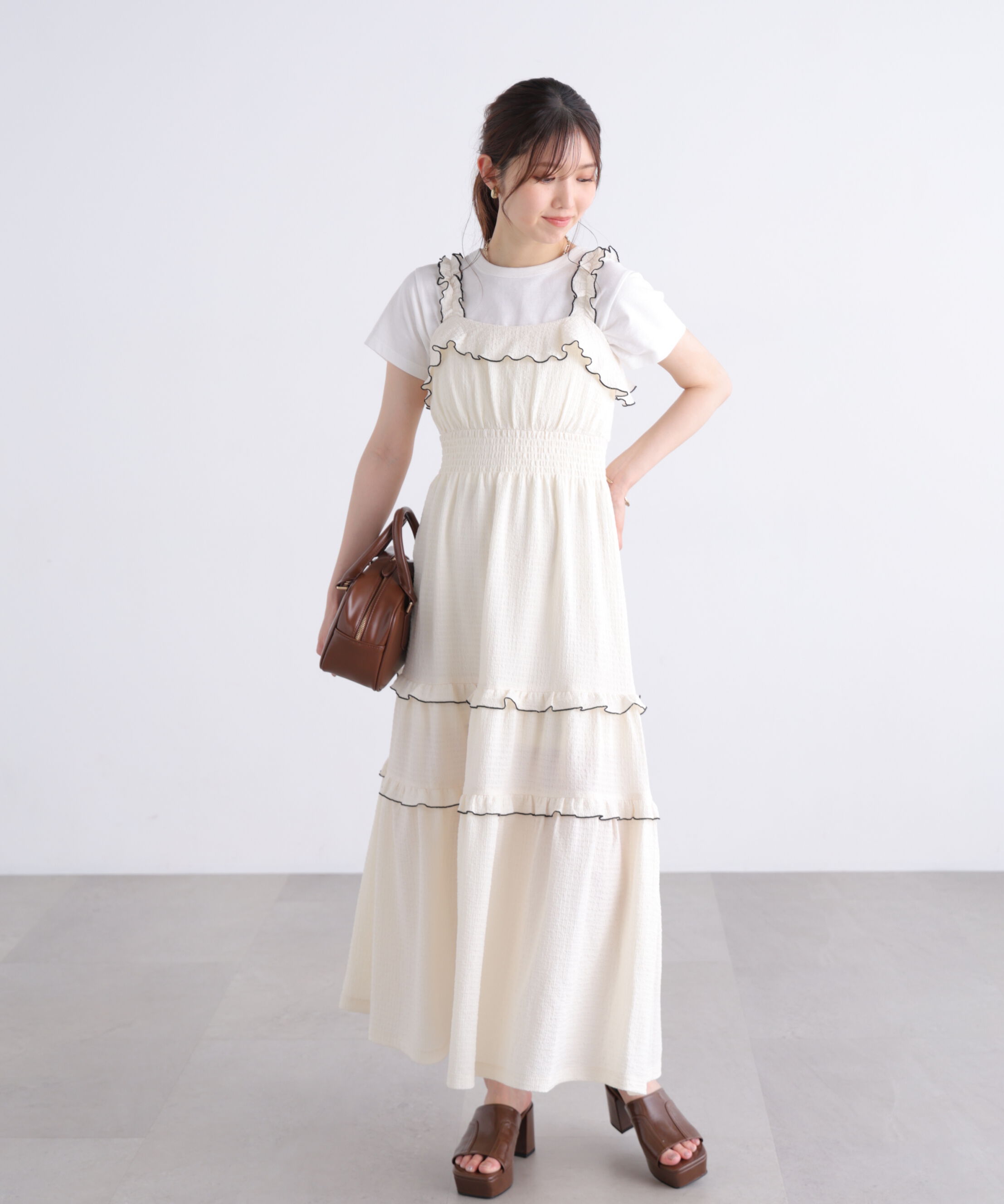  「配色メローフリルカットジャガードワンピース」|ワンピース|
