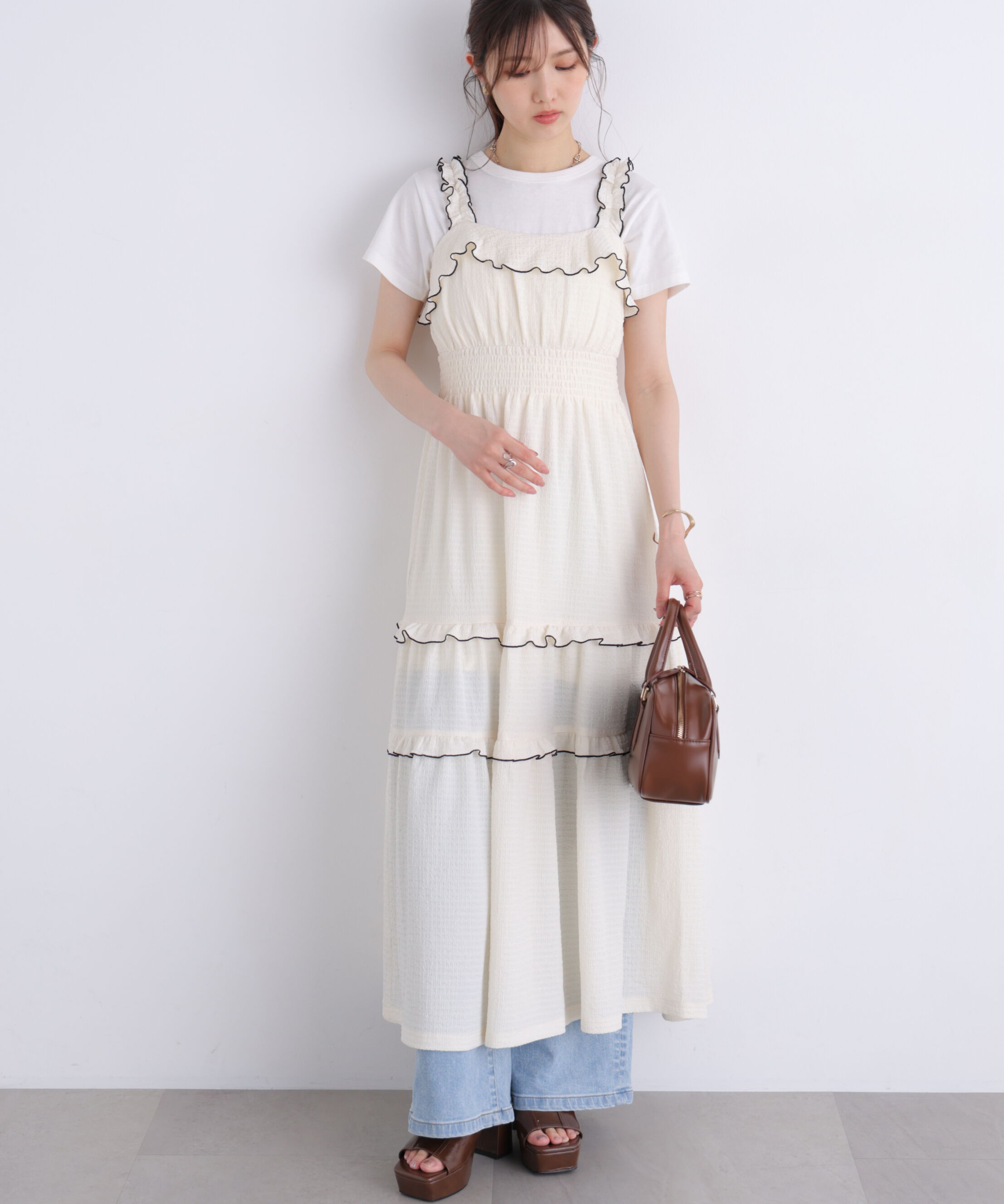  「配色メローフリルカットジャガードワンピース」|ワンピース|