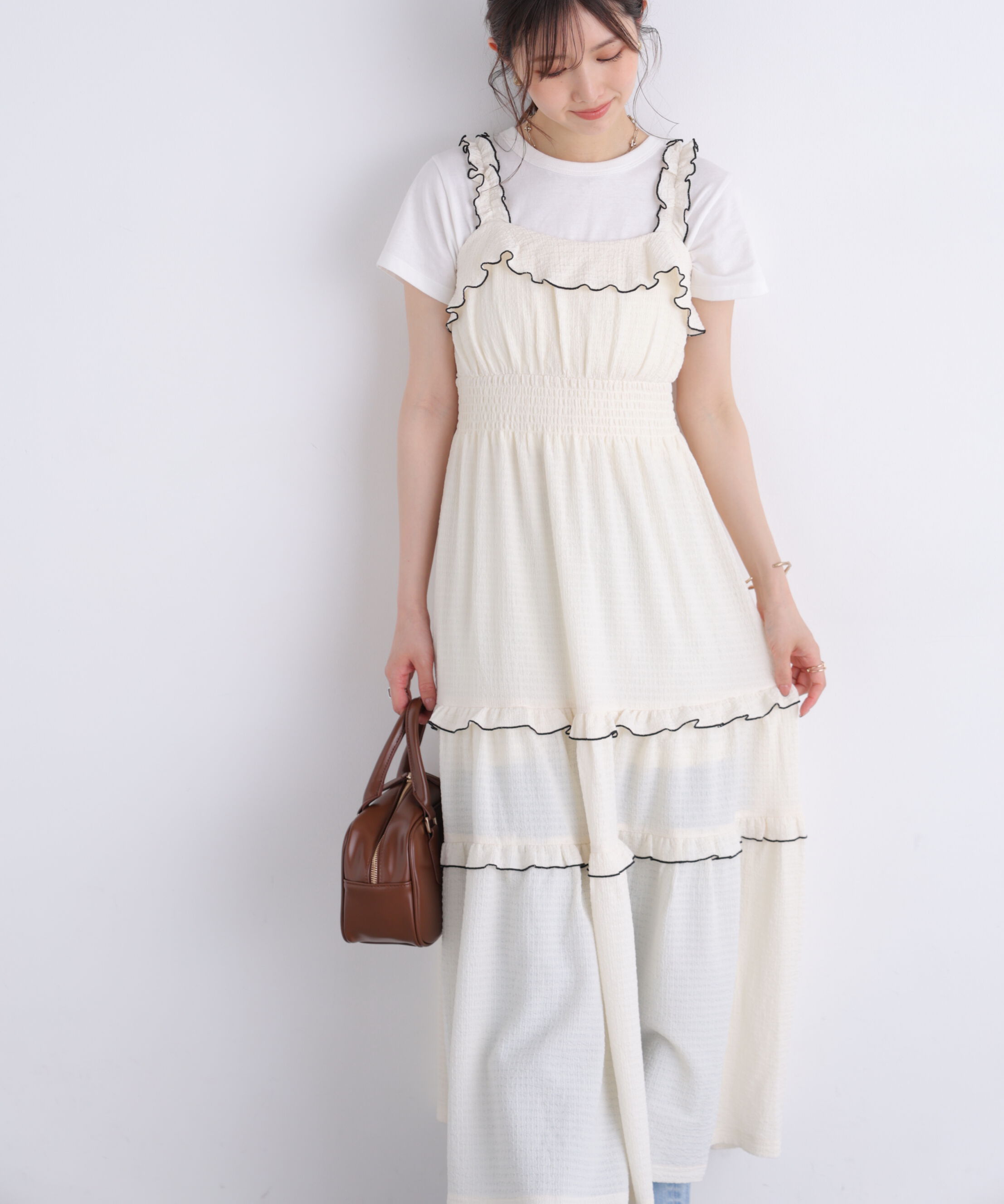  「配色メローフリルカットジャガードワンピース」|ワンピース|