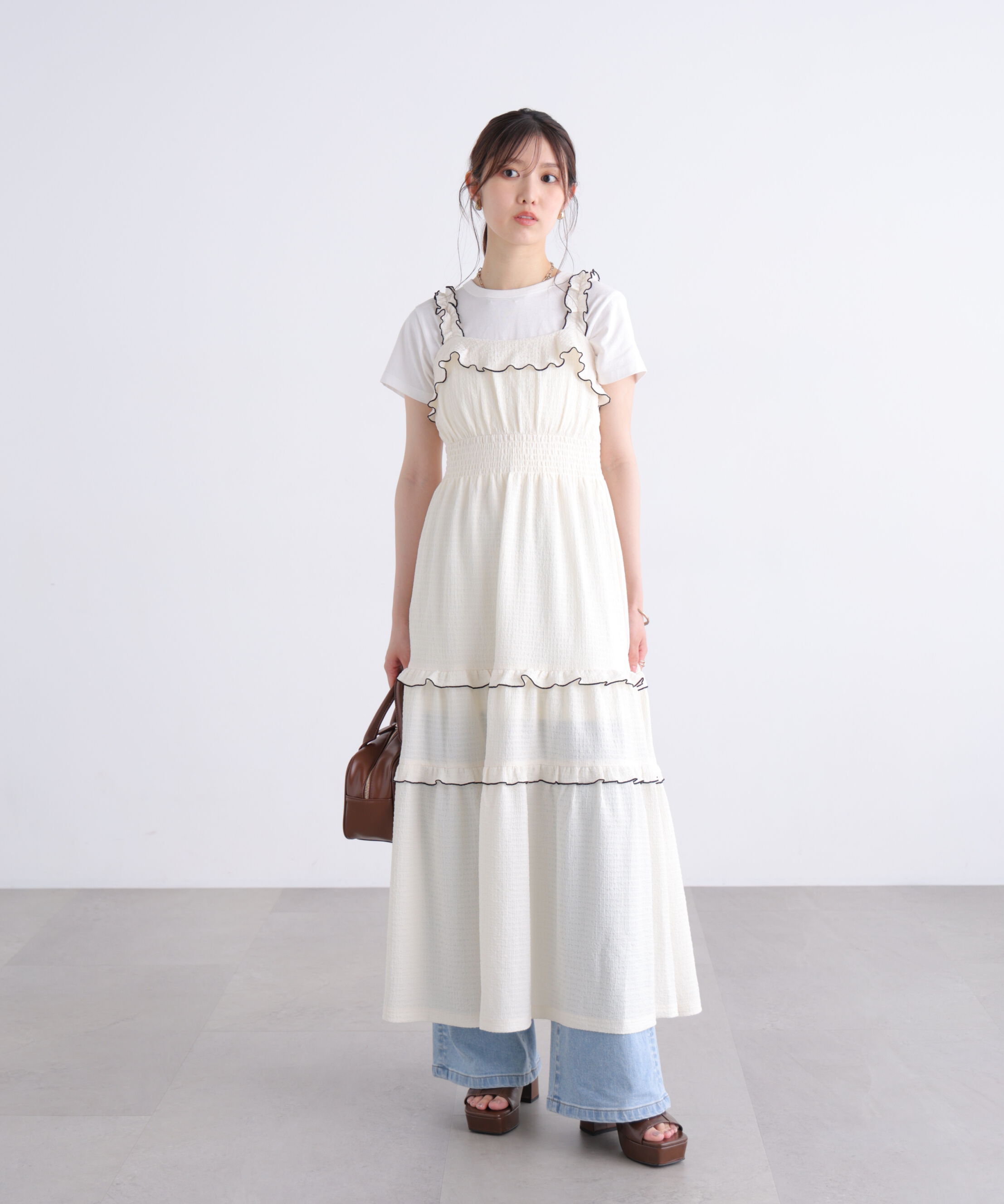  「配色メローフリルカットジャガードワンピース」|ワンピース|