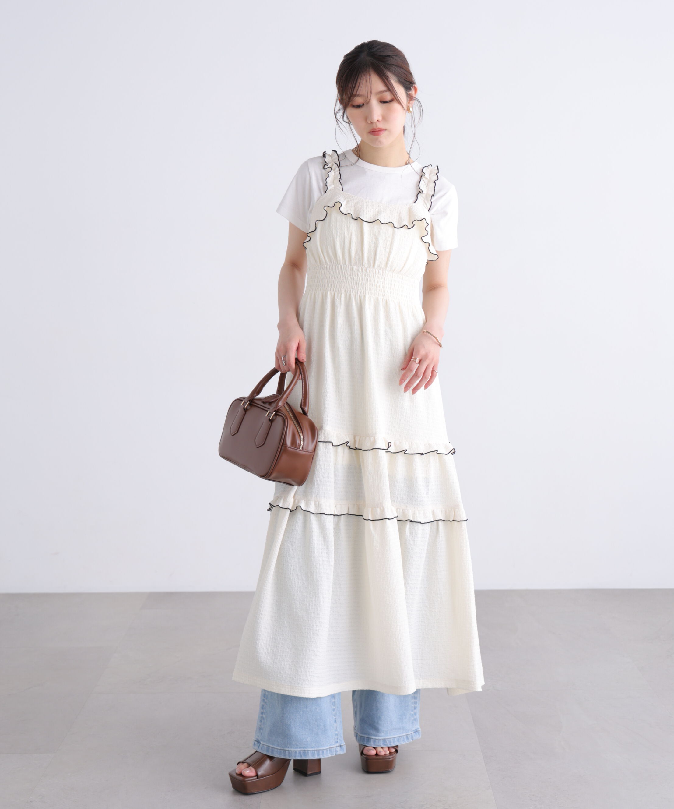  「配色メローフリルカットジャガードワンピース」|ワンピース|