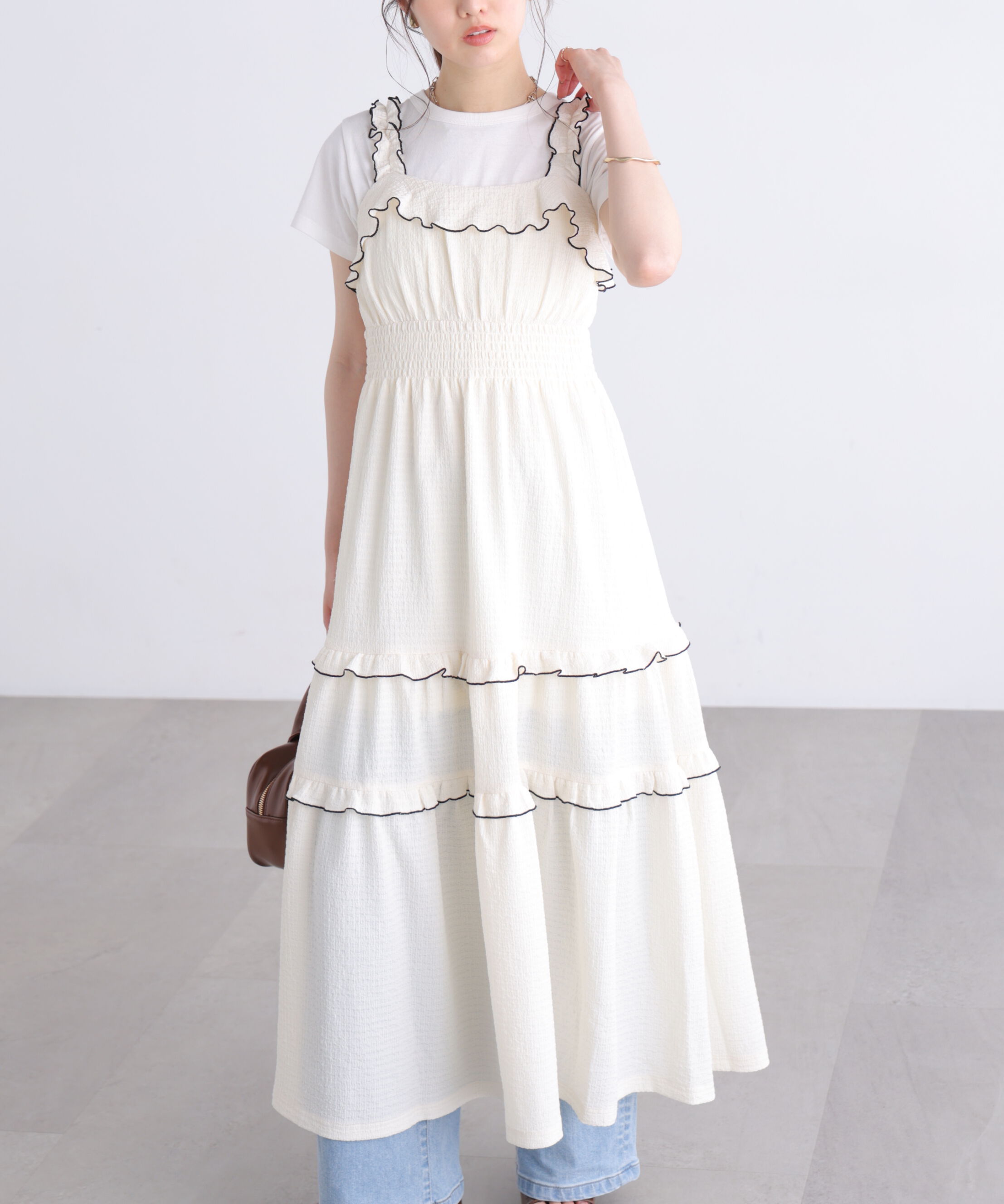  「配色メローフリルカットジャガードワンピース」|ワンピース|