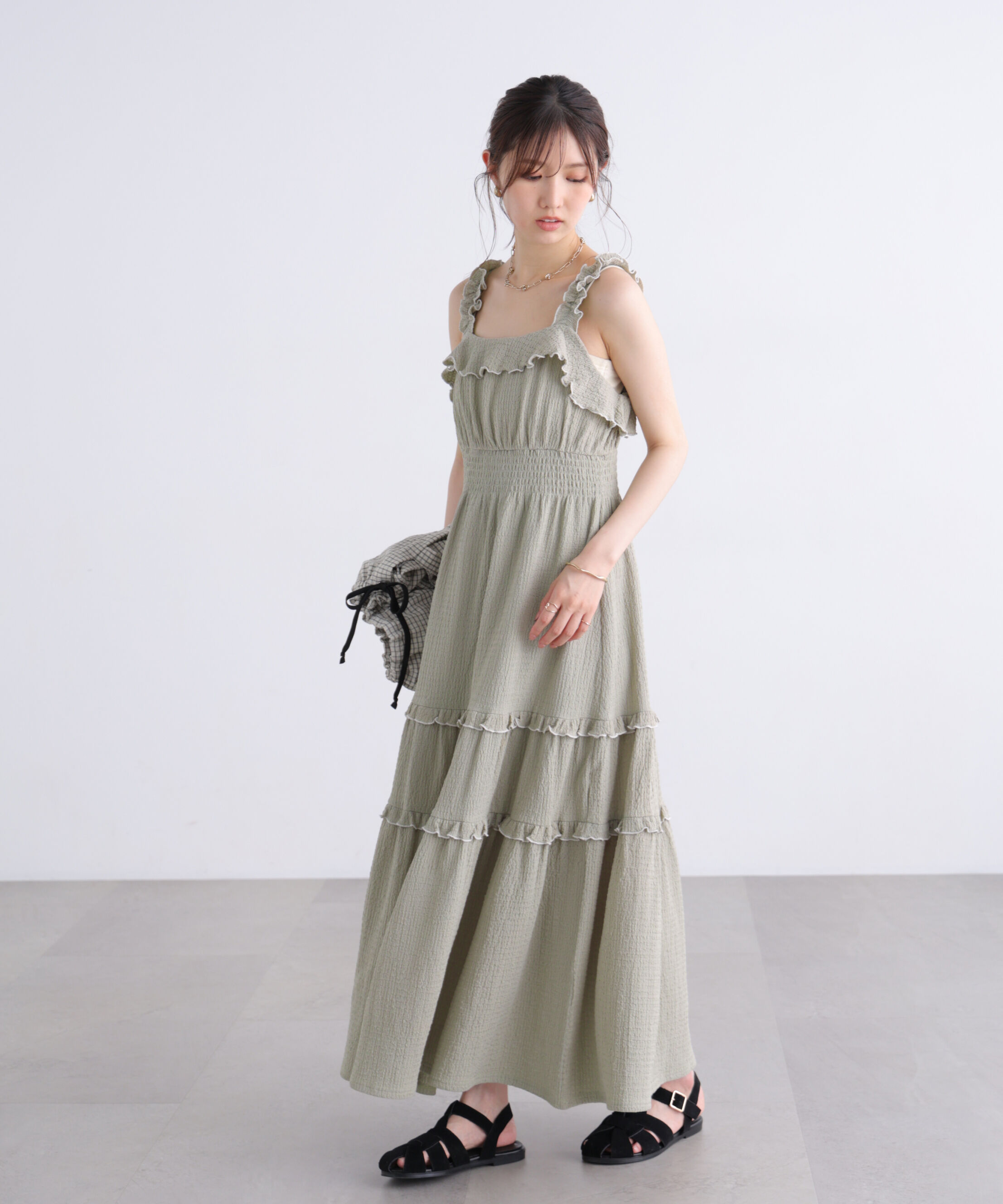  「配色メローフリルカットジャガードワンピース」|ワンピース|