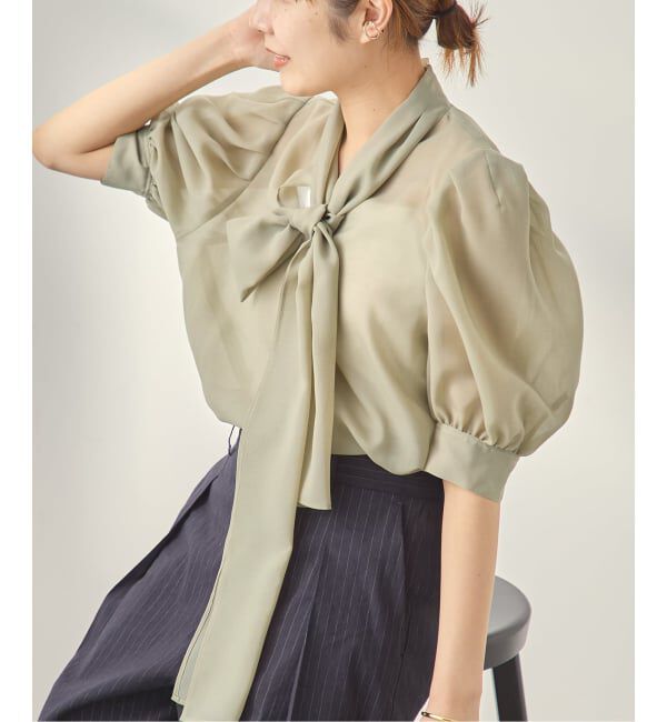 journal standard L'essage「《手洗い可》シアーチェック/フラワー/無地 ハーフスリーブボウタイブラウス」|シャツ・ブラウス|