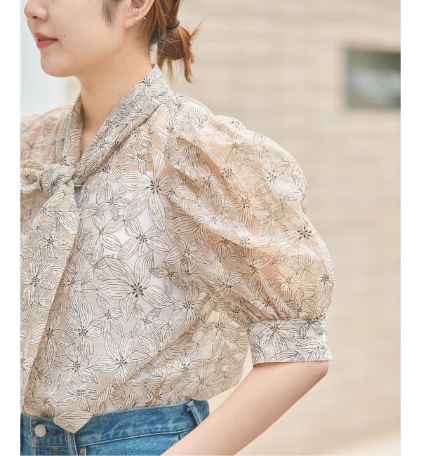 journal standard L'essage「《手洗い可》シアーチェック/フラワー/無地 ハーフスリーブボウタイブラウス」|シャツ・ブラウス|ベージュ