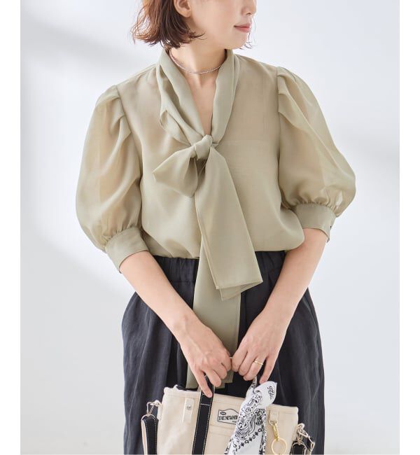 journal standard L'essage「《手洗い可》シアーチェック/フラワー/無地 ハーフスリーブボウタイブラウス」|シャツ・ブラウス|カーキ