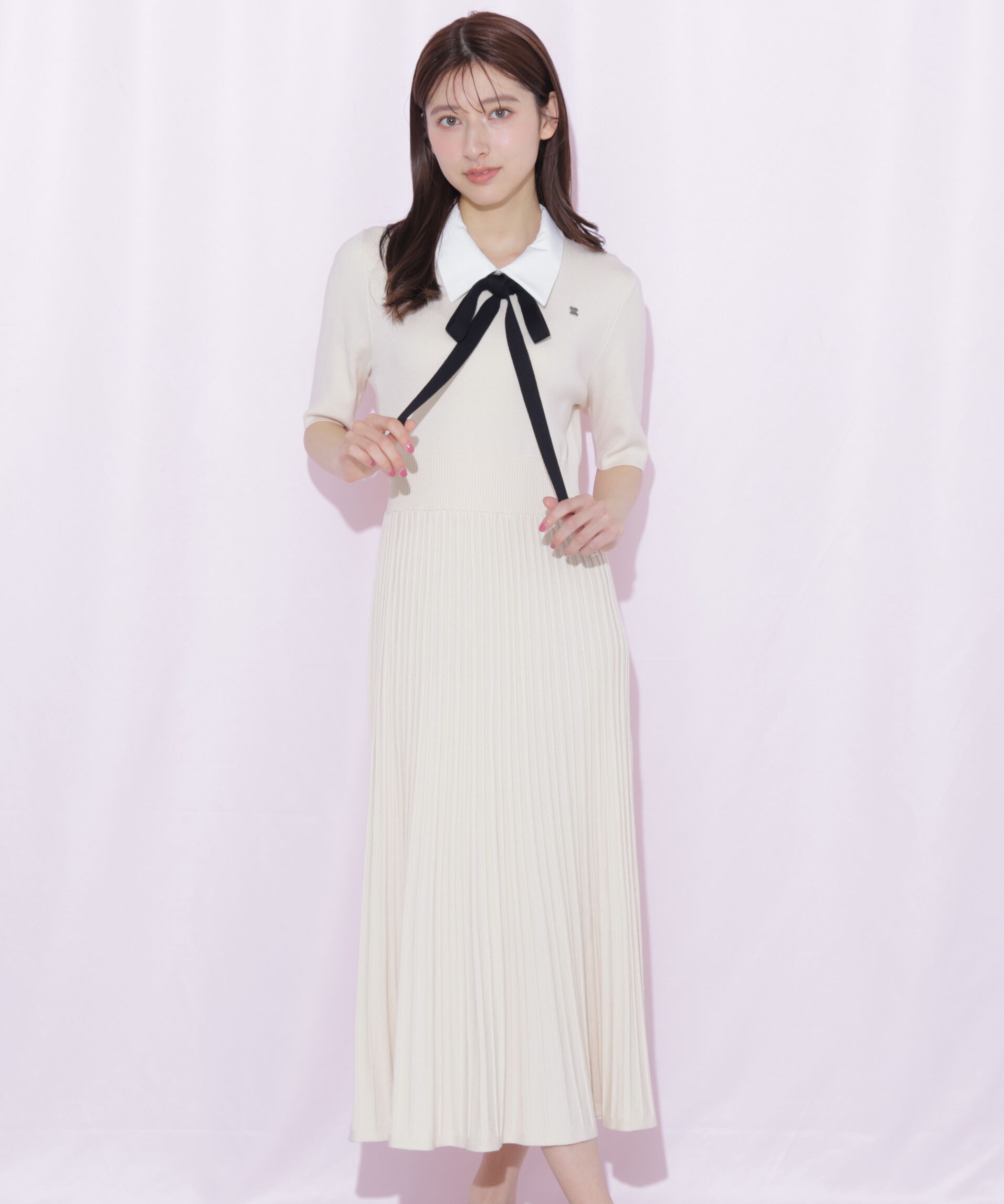  「襟付きプリーツニットワンピース」|ワンピース|