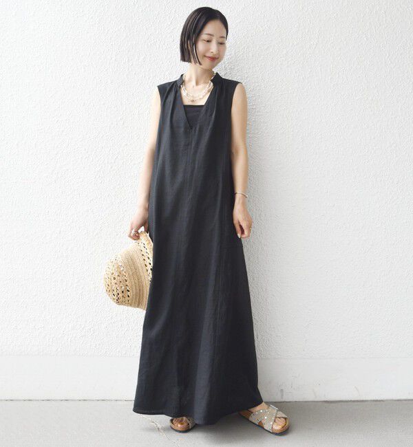 SHIPS for women「《予約》【WEB限定】〈手洗い可能〉レーヨン 麻 ステッチ デザイン Vネック ワンピース」|ワンピース|