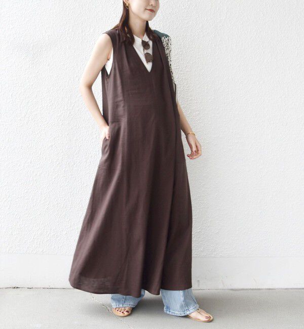 SHIPS for women「《予約》【WEB限定】〈手洗い可能〉レーヨン 麻 ステッチ デザイン Vネック ワンピース」|ワンピース|