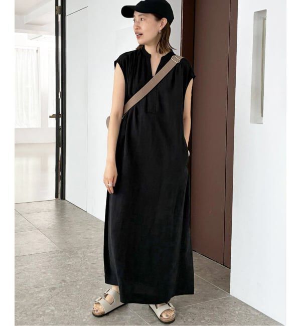 SLOBE IENA「リネン混キーネックコクーンワンピース」|ワンピース|ブラック
