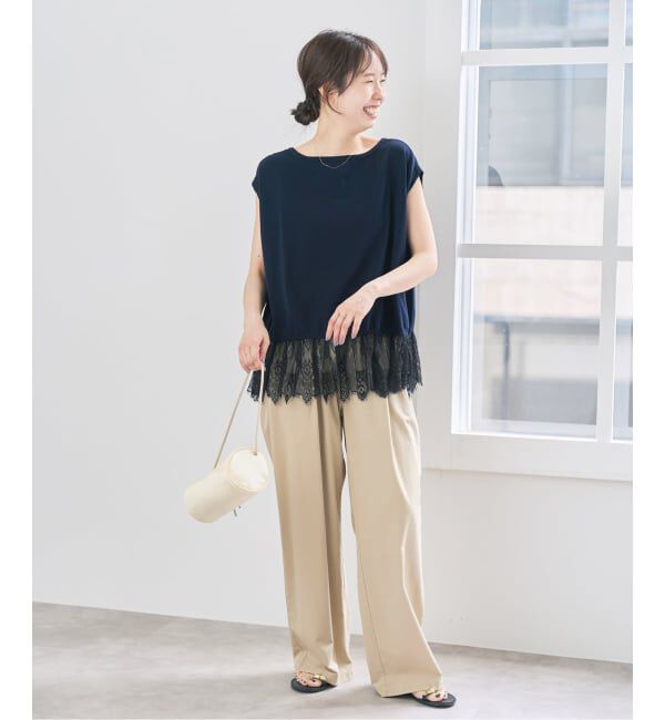 Spick and Span「《手洗い可》レースドッキング2WAYフレンチスリーブニットプルオーバー」|ニット・セーター|