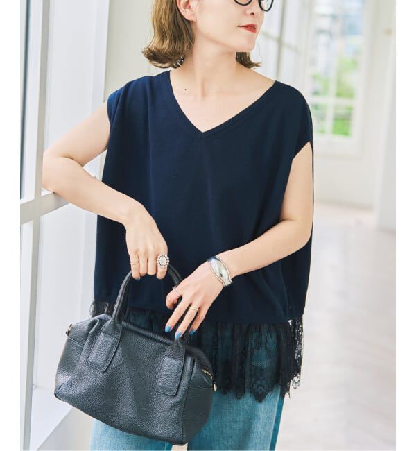 Spick and Span「《手洗い可》レースドッキング2WAYフレンチスリーブニットプルオーバー」|ニット・セーター|