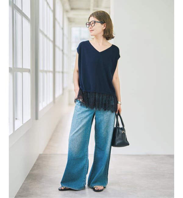 Spick and Span「《手洗い可》レースドッキング2WAYフレンチスリーブニットプルオーバー」|ニット・セーター|