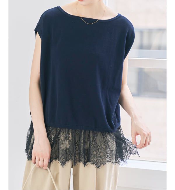 Spick and Span「《手洗い可》レースドッキング2WAYフレンチスリーブニットプルオーバー」|ニット・セーター|ネイビー