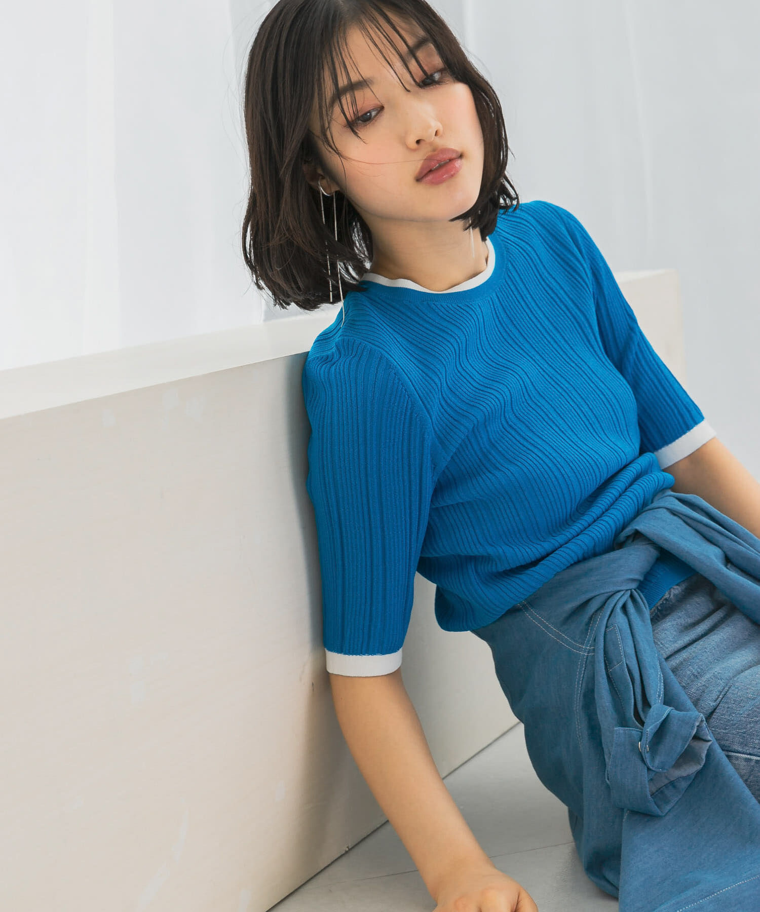 URBAN RESEARCH ROSSO「アンチピリングバイカラーリブニット」|ニット・セーター|ブルー系その他