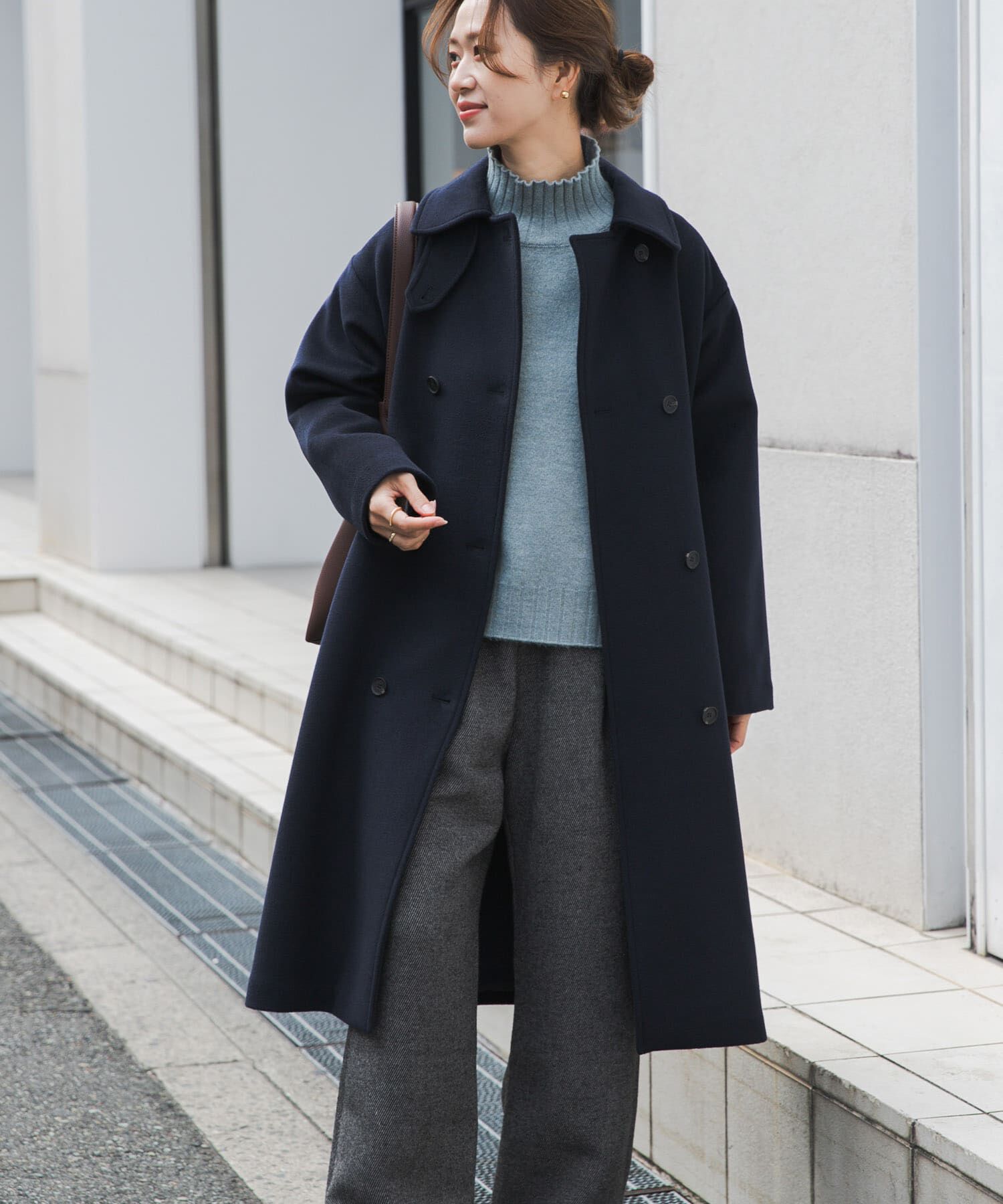 URBAN RESEARCH DOORS「ウールロングコート」|ノーカラーコート|ネイビー