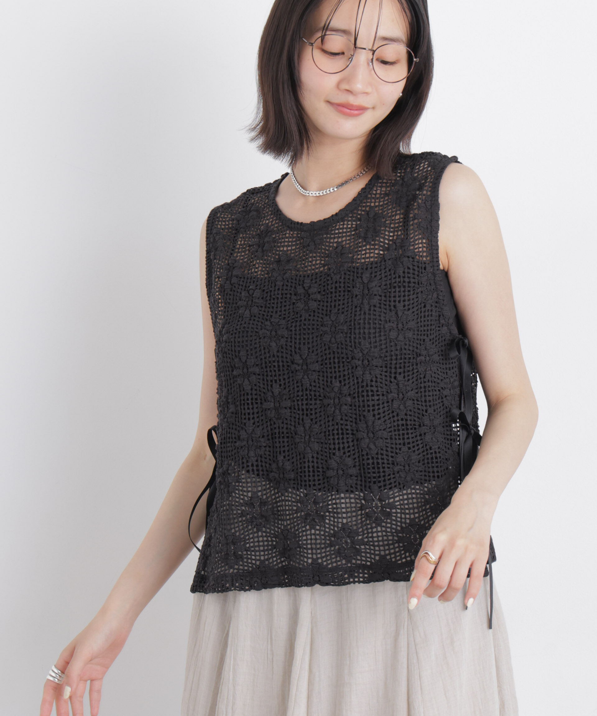 nano･universe「フラワー柄カットレースサイドリボントップス(セットアップ可)」|Tシャツ・カットソー|