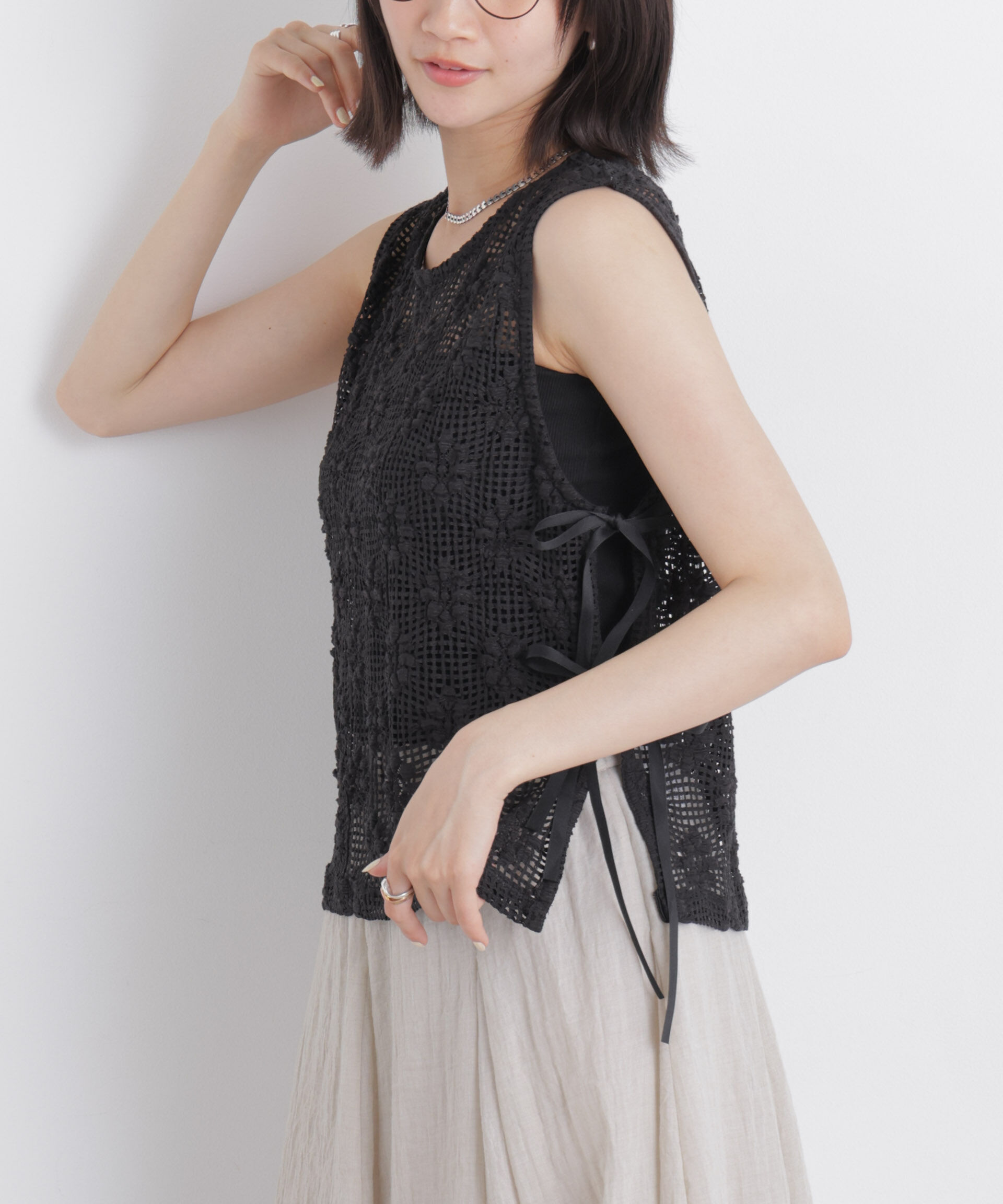 nano･universe「フラワー柄カットレースサイドリボントップス(セットアップ可)」|Tシャツ・カットソー|