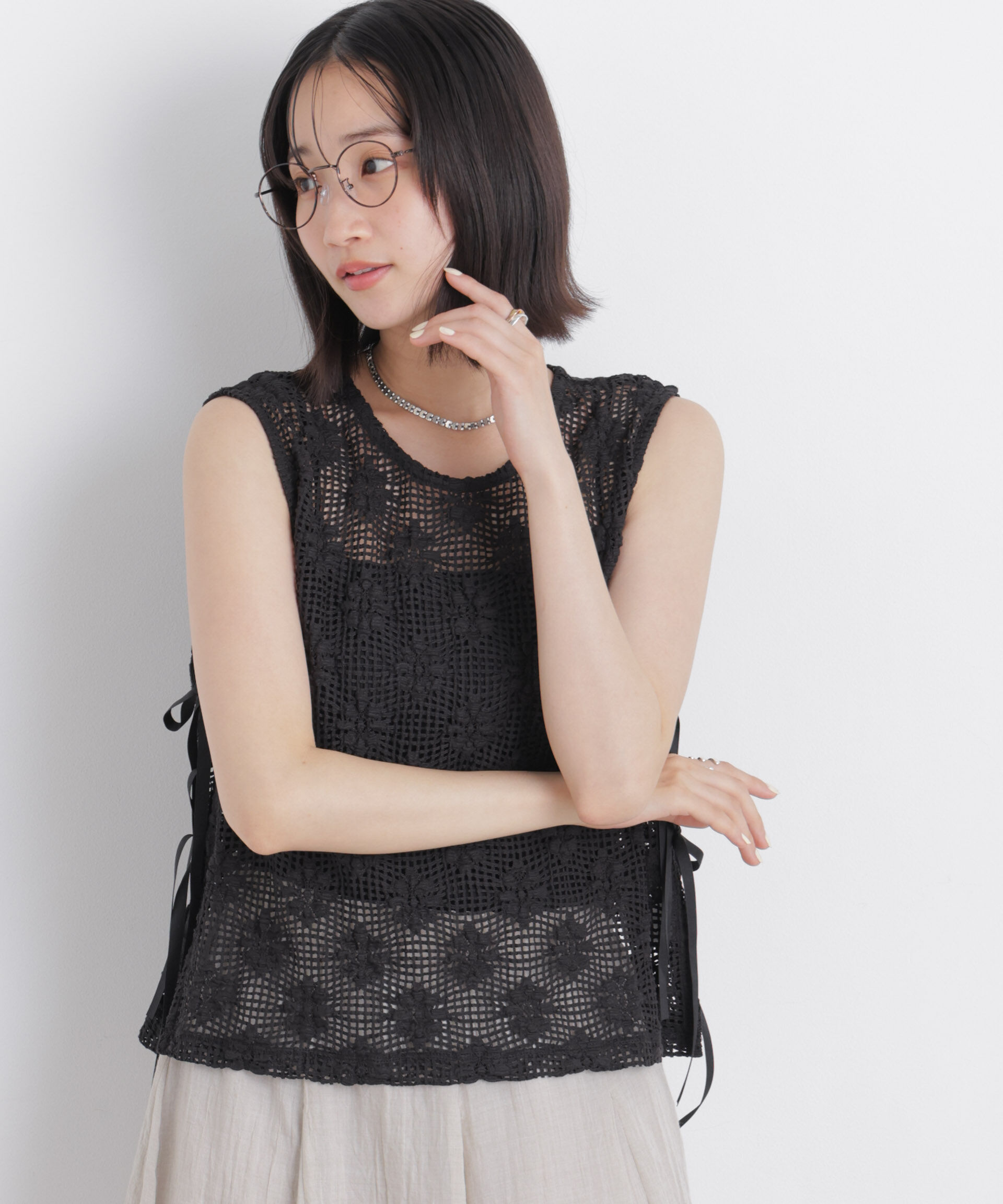 nano･universe「フラワー柄カットレースサイドリボントップス(セットアップ可)」|Tシャツ・カットソー|